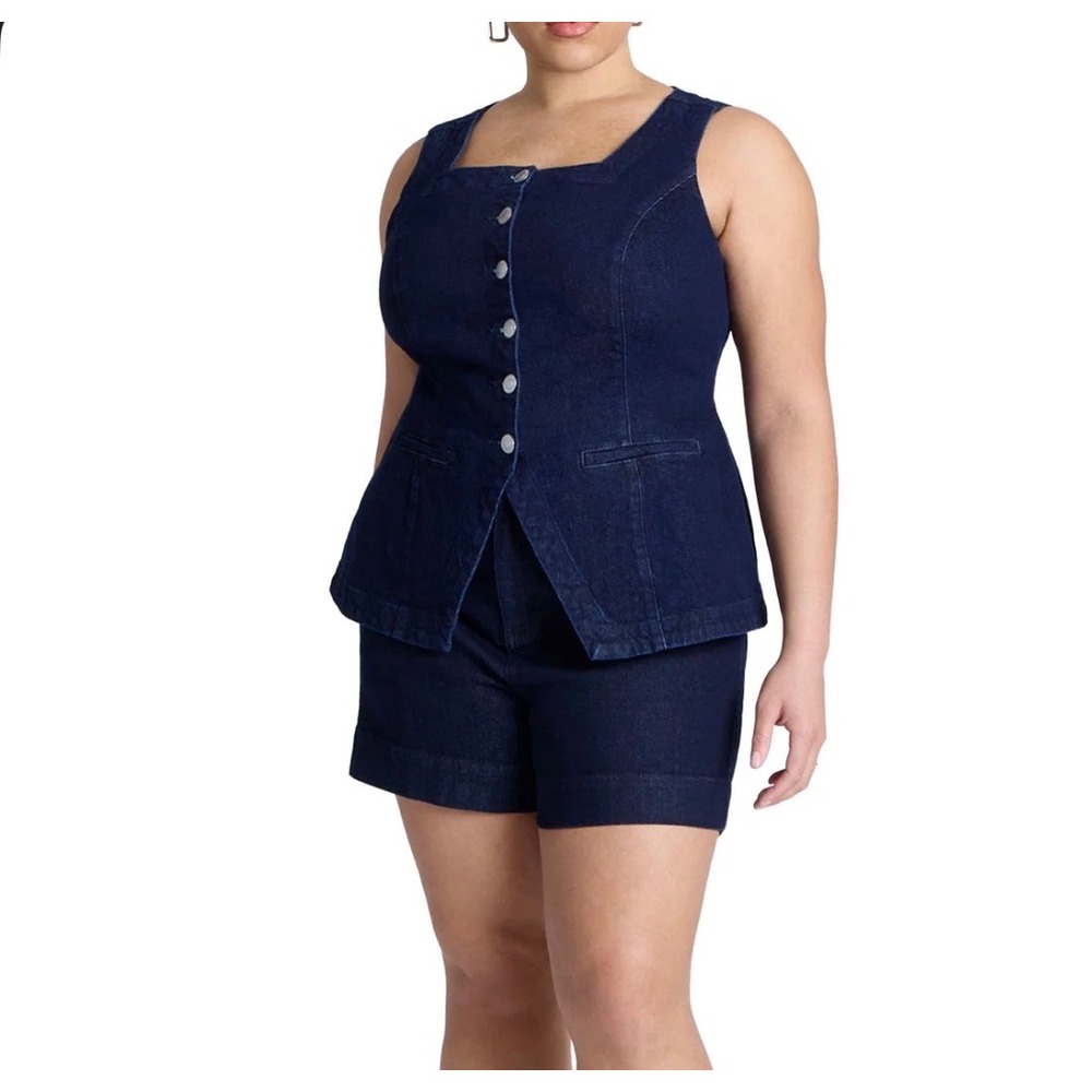 Eloquii Denim Peplum Top Sleeveless Buttoned Up Modern